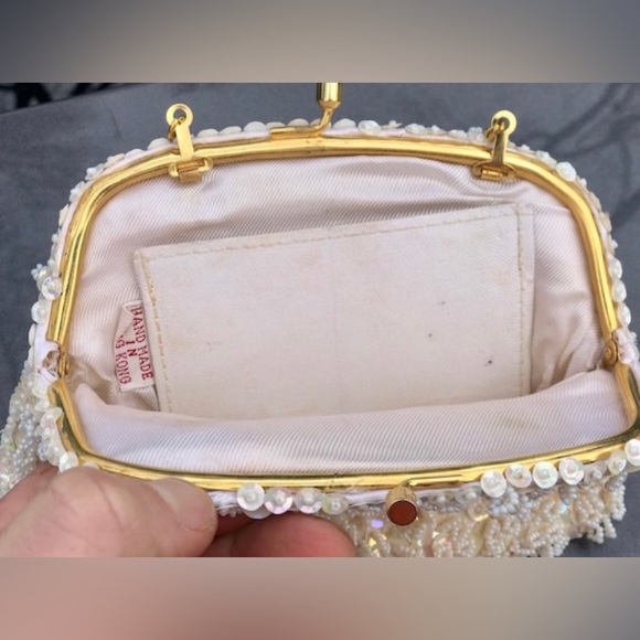 Vintage 1950s White Beaded Sequined Clutch Wristlet Handbag Coin Purse Satchel - Picture 8 of 8